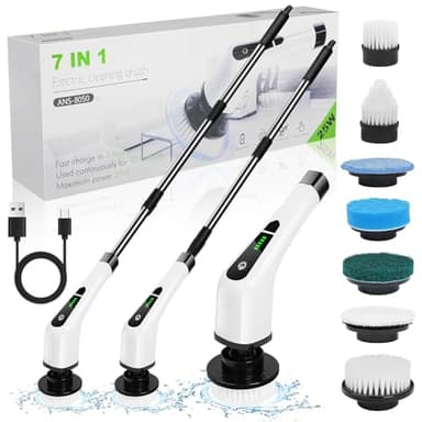 OSDUE Electrique Nettoyage Rotative, Brosse de Nettoyage Electrique, sans Fil avec 7 Têtes Brosse, Remplaçables Poignée d'extension Réglable, pour Salle Bain Cuisine Electric Spin Scrubber
