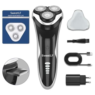 SweetLF [2025 New] Rasoir Electrique Hommes Wet & Dry (Plus 3 Lames+1 Chargeur Rapide) avec 4D Têtes Rotatives, Rasoir Rechargeable avec Ecran LED, Rasage IPX7 Etanche + Tondeuse Barbe - Noir