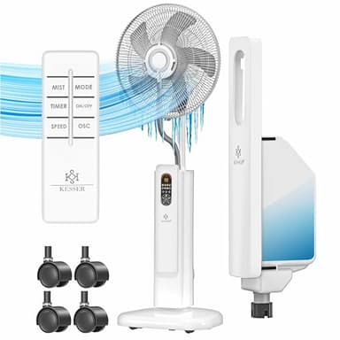 KESSER® Ventilateur sur pied Frosty à eau Refroidissement par eau à pulvérisation d'ultrasons, télécommande incluse, fonction minuterie, humidificateur silencieux, fonction brumisation, blanche