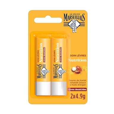 Le Petit Marseillais | Soin Lèvres Nutrition Lèvres Desséchées (2 tubes de 4,9 g) – Baume à lèvres au beurre de karité, amande douce et huile d'argan – Stick à lèvres nourrissant