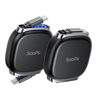 SooPii Câble USB C vers USB C Rétractable(1m,2Pack), 240W Type C Câble avec Stockage à Encliquetage Magnétique, Préréglage de longueur en 5 étapes charge rapide pour lPhone 16/15,Galaxy S25/24,Noir