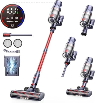 INTETURE 550W/45KPA Aspirateur Balai sans Fil, 60Mins Aspirateur sans Fil Puissant avec Écran Intelligent,Aspirateur Balai Debout et Brosse Anti-emmêlement pour Tapis,Sols Durs,Poils d'animaux