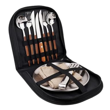 Set de vaisselle de camping pour 2 personnes, 12 pièces, en acier inoxydable, couverts de pique-nique, poches de couverts portables, manches à rayures en bois, nappe de table à manger