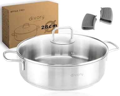 DIVORY sauteuse inox 28 cm – Poêle haute non revêtue sans PTFE/PFOA, avec couvercle, pour induction & four, casserole profonde (PURA, 28cm)