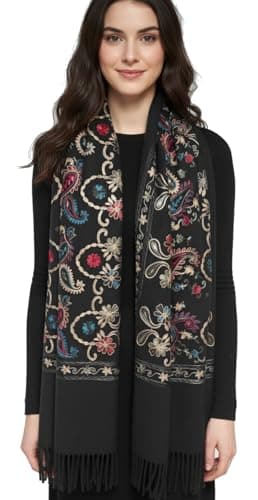 Van Der Rich ® - Echarpe Pashmina mélange Cachemire Brodé Fleur - Femme (Noir)