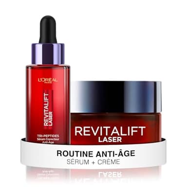 L'Oréal Paris - Routine Soin Anti-âge Raffermissante Triple Action - Crème de Jour 50ml - Sérum Correcteur 30ml - Acide Hyaluronique, Peptides/Pro-Rétinol, Vitamine C - Revitalift Laser X3