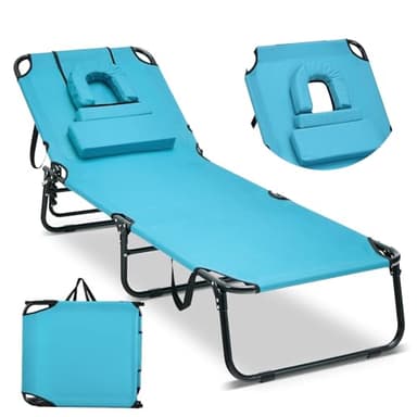 COSTWAY Chaise Longue Pliante, Bain de Soleil Réglable à 5 Positions, Charge 160kg, Trou pour Visage, 3 Coussins Amovible, Tissu Oxford, Sangle, Transat Jardin Exterieur pour Plage Piscine(Turquoise)