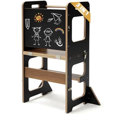 Labebe Tour d'apprentissage pour Enfants, Montessori Learning Tower avec Tableau Noir, 3 en 1 Pliable Multifonctionnelle Tour d Observation, Tour d'apprentissage à partir de 1 an-Noir