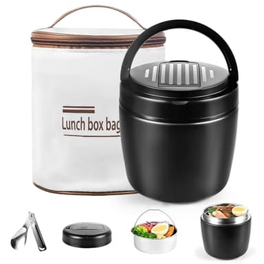 BAVATEE Lunch Box Isotherme 1,2L. Double paroi inox. Thermos Alimentaire Chaud avec Cuillère. Boite Repas Isotherme Étanche. Pour Repas, Soupes. Usage Extérieur/Bureau. (Noir)