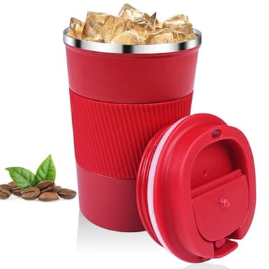 Relota Mug Isotherme Cafe 380ml Rouge, Mug Isotherme Réutilisable Acier Inoxydable 304 Tasse de Voiture avec Couvercle, Café Étanche Mug de Voyage pour Café Chaud et Froid, Lait et Thé