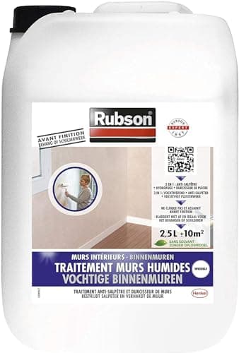 Rubson – Traitement Murs Humides (2,5 L) – Traitement 3-en-1 anti-salpêtre, hydrofuge et durcisseur de plâtre – Produit anti-humidité pour tous supports sur mur intérieurs