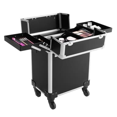 Valise de Maquillage Professionnel, Mallette Cosmétique, Alliage D'Aluminium, Mobile, avec 2 Tiroirs, 4 roulettes à 360°, poignée télescopique, 34 x 24 x 56 cm, Voyage Manucure Maquilleur Coiffure