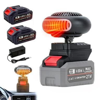 Chauffage D'appoint alimenté par Batterie,Chauffage sans Fil,Chauffage Voiture Portable,Température Réglable en 2 Vitesses,Rotation à 180°,Dégivrage,Désembueur,pour Maison,Bureau,SUV (2 batteries)