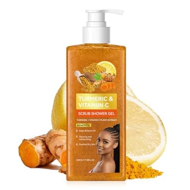 Gel douche exfoliant au curcuma et à la vitamine C, gel douche exfoliant pour l'acné pour hommes et femmes, savon au curcuma et éponges exfoliantes pour nettoyer et hydrater les peaux sèches et