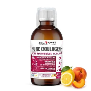 PURE COLLAGENE MARIN Hydrolysé + Acide Hyaluronique + Sélénium + Vitamine E, Peau, Cheveux, Ongles, Os - Boisson 500ml - Saveur Pêche/Citron - Eric Favre