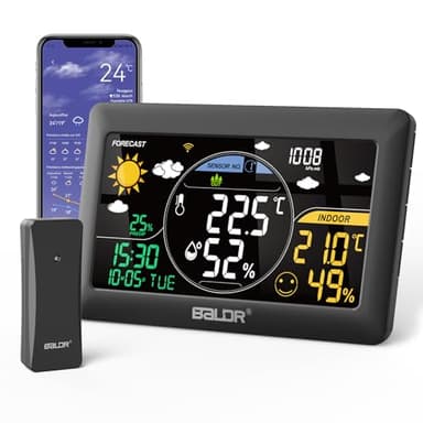 BALDR Station Météo Interieur Exterieur sans Fil Avec Capteur- Station Météo Connectée WIFI,Station Meteo avec Prévisions Météo/Thermomètre Intérieur et Extérieur/Hygromète/Baromètre/Horloge DCF
