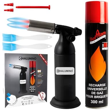 Chalumeau de Cuisine CHALUMINO | Kit Complet avec Cartouche Gaz 300ml 2 Pinceaux Inclus, 2 Sorties de Flamme Rechargeable Butane, Briquet Flamme Crème Brûlée,Pâtisserie,Barbecue,Soudure,Bijouterie