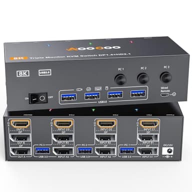 Commutateur KVM 3 moniteurs 3 ordinateurs 8K@60Hz 4K@144Hz, HDMI + 2 Displayport KVM Switch triple moniteur pour 3 PC 3 moniteurs et 4 appareils USB 3.0, télécommande filaire inclus