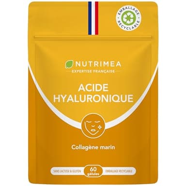 ACIDE HYALURONIQUE - Avec Collagène Marin - Riche en Vitamines A & C - Anti Rides, Anti Age & Articulations - Agit en Profondeur - Doypack 60 Gélules Vegan - Nutrimea - Fabriqué en France