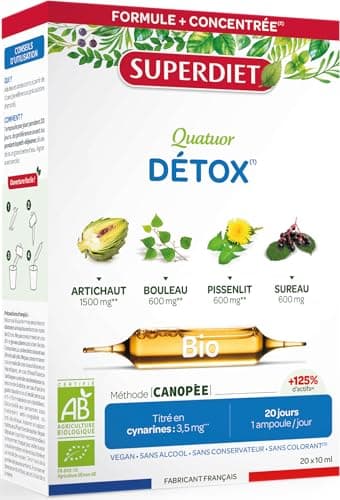 SUPERDIET – QUATUOR DÉTOX BIO – Artichaut, Bouleau, Pissenlit, Sureau – Fabrication française – Titré en cynarines – 3300 mg de plantes – 20 ampoules de 10 ml