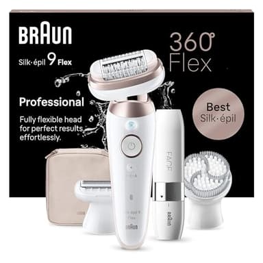 Braun Silk-épil 9 Flex, Épilateur Avec Tête Flexible À 360°, Épilation Facile, Étanche, Avec Tête De Rasoir Pour Femmes, Sabot Tondeuse Et Brosse Exfoliante, Mini-Rasoir Visage, 9-360 3D, Blanc/Rose