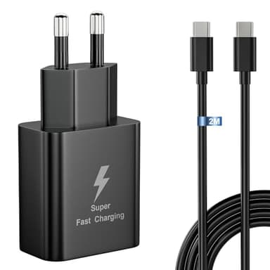 Chargeur Super rapide Samsung 25W pour Samsung Galaxy A34 A54 5G A15 A14 A13 A53, S24 S23 S22 S21 S20 +/FE/Plus/Ultra, A05S A55 A35 A52 A51 A25 A72, S10 S9 Note 20 Z Flip 4, avec 2M Cable Type C, Noir