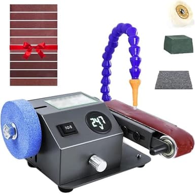 Ponceuse à bande humide, mini affûteuse de couteaux électrique 350 W avec vitesse réglable, 10 bandes abrasives, meuleuse d'établi pour couteau, système d'affûtage humide et sec, machine de polissage