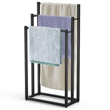 VOUNOT® Porte-Serviettes autoportant sur Pied Support à 3 Niveaux en Métal Rangement Stable pour Serviettes de Bain et Accessoires Idéal à Côté de la Douche Baignoire ou Lavabo Noir