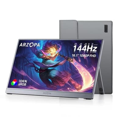 ARZOPA Écran Portable 16,1'' 144 Hz avec Sac de Rangement, 106% sRGB 1920 × 1080p FHD HDR 144 Hz, Ultra-Fin - Second écran Externe pour Ordinateur portable/PC/Mac/PS3/4/5/Xbox - Z1FC (Gris)