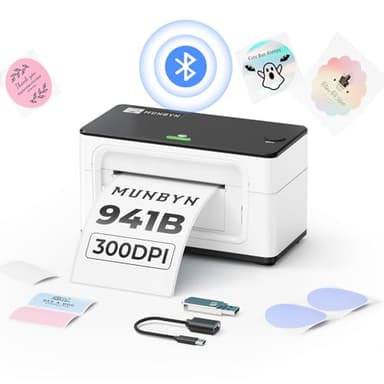 MUNBYN 941 300DPI Imprimante Thermique Bluetooth 4x6, sans Encre et Autocollante, Vitesse d'impression 150mm/s, Connexion USB/Bluetooth, Compatible avec Colissimo, UPS, Amazon, Ebay, Shopify