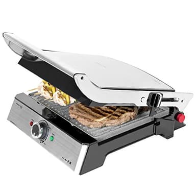 Cecotec Grill électrique Rock’nGrill Pro. Revêtement en Rockstone, Palteaux amovibles et réversibles, Ouvre 180º, Surface 34 x 23cm, Acier inoxydable