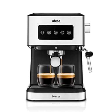 Ufesa Monza Machine à café Expresso et Cappuccino 20 Bars, Écran Tactile Digital, Vapeur Orientable, Café Moulu ou ESE à Dose Unique, Réservoir de 1,5 L, Fonction Chauffe-Tasses, 1050W, Inox