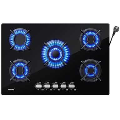 Plaque de Cuisson Gaz 5 Feux, WEHIMO Table de Cuisson Encastrable, Plaque Gaz 77cm, 10500W, Grille Fonte, Gazs Ville et Bouteille, Verre Noir