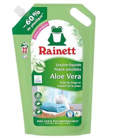 RAINETT - Lessive Liquide Peaux Sensibles - Formule Hypoallergénique - Tensioactifs d'Origine Végétale - Efficace Dès 20° - Ecolabel - Aloe Vera - 32 Lavages - Éco-Recharge 1,6 L