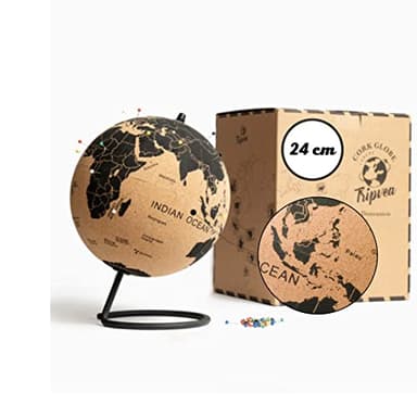 TRIPVEA® Globe terrestre 24 cm vintage en liège - Mappemonde décorative thème voyage - Idée cadeau et déco idéale pour votre bureau ou la chambre de votre enfant