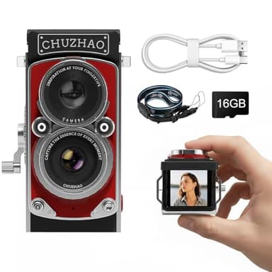 CHUZHAO Mini Appareil Photo Vintage Numérique avec Réglage de L'heure, Portable TLR Style Rétro 1080P FHD Vidéo 12MP Photos Autofocus Compact Digital Camera avec Carte 16Go pour Adolescents, Rouge