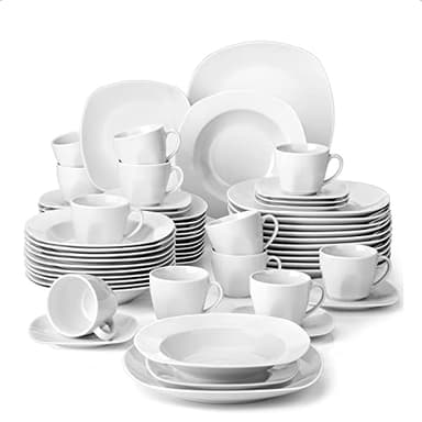 MALACASA Série Elisa, 60 Pcs Service de Table Porcelaine,Services Complets à Dinner, 12 Pcs * [Assiette Plat][Assiette Creuse][Assiette à Dessert][Tasse][Soucoupe]