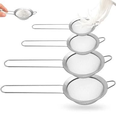 4 Pcs Passoire Cuisine Tamis Fin, Passoire Inox, 8/12/16/20 cm Tamis en Acier Inoxydable, Passoires en Acier Inoxydable à Mailles Fines pour Cuisson Légumes, Fruits, Farine, Jus, Thé, Sucre Glace.0