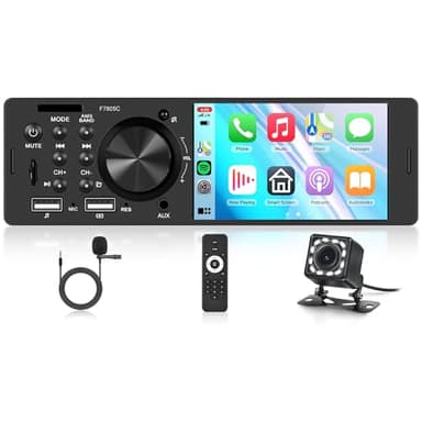 Rimoody Autoradio 1 Din Carplay Android Auto 4 Pouces Écran Tactile Autoradio avec Bouton avec Mirror Link FM/RDS EQ Bluetooth USB/TF Commandes au Volant Caméra de Recul 12 LED Microphone