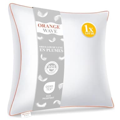 Orange Wave Oreiller Plume 60x60 - Coussin de Luxe 60x60 cm en Duvet et Plume, Qualité Hôtelière et Confort Oreiller Moelleux, Certifié RDS et Oeko-TEX pour Un Soutien Optimal
