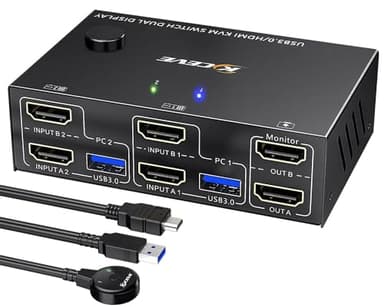 HDMI KVM Switch 2 PC 2 Monitor 4K@60Hz 2K@144Hz, Simulation EDID, Commutateur KVM 2 écrans Pour 2 PC Partageant 2 Monitor et 4 Ports USB 3.0,Souris Clavier, Télécommande filaire et 4 Câbles Inclus