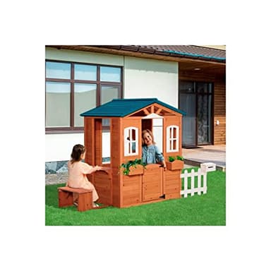 Maison en Bois pour Enfants Brooklyn - Gris - maisonnette pour Jardin en Bois avec fenêtres et Porte, Maison de Jeux pour Enfant avec Banc, barrière boîte aux Lettres et jardinières