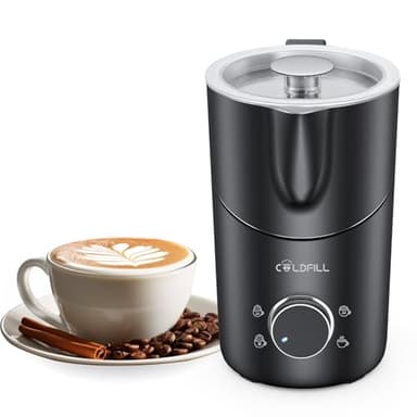 COLDFILL Mousseur à Lait Électrique 8-en-1, Fonctions Chaud & Froid, Protection Anti-Brûlure, Compatible Lave-Vaisselle, Idéal pour Latte, Cappuccino, Macchiato & Chocolat Chaud, Noir