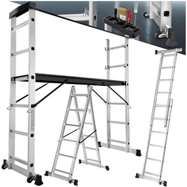 tectake® Échelle Multifonction 3 en 1 Échafaudage Roulant en Acier Plateforme de Travail Antidérapante Échelle Téléscopique Échelle Pliante Escabeau Pliant Bricolage Peinture Toiture