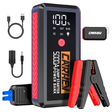 CARHEV Booster Batterie Voiture 5000A, 26800mAh Démarreur Batterie Voiture (Jusqu’à 8.0L Essence & 8.0L Diesel), 12V Portable Jump Starter avec Pinces de Sûreté Intelligentes, Lampe à LED, Écran LCD