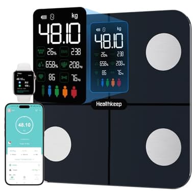 Balance Pèse Personne, Healthkeep Balance Connectée Impédancemètre Grand Écran VA avec Fréquence Cardiaque avec 15 Mesures Avec APP pour Andriod et iOS 180kg/400lb/28st, Bleu Marine
