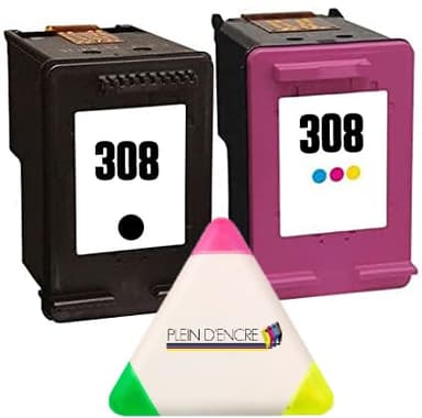 Pack 2 Cartouches d'encre Noir et Couleur N° 308 pour imprimante HP Envy 6100 6110 6120 6122 + Un surligneur Plein d'encre 3 Couleurs Offert