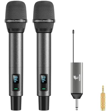 TONOR Micro sans Fil, Microphone sans Fil Rechargeable Professionnel, Micro Dynamique sans Fil en Métal 2x100 UHF pour Karaoké/église/Chant/Mariage/DJ, Volume Réglable, 262ft Range, TW520