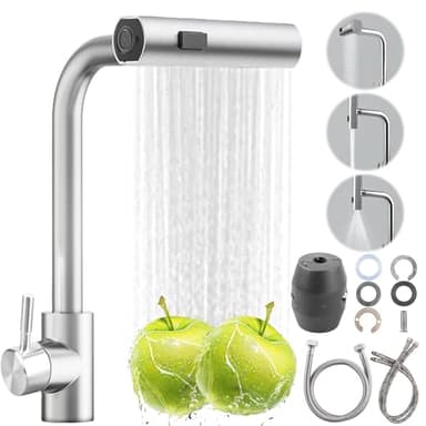 BAIFULAI Robinet de cuisine extensible avec douchette extractible, mitigeur d'évier extensible à levier unique avec douchette 3 modes, 1 trou pivotant à 360 °, cascade haute pression, acier inoxydable