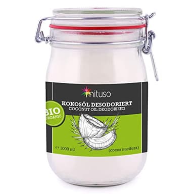mituso Huile de coco bio désodorisée 1 L | Goût neutre – idéale pour rôtir, cuire & frire | vegan, sans additifs – polyvalente pour la peau & les cheveux | en bocal à fermeture métallique